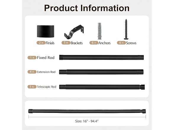WAZLEX Matte Black Curtain Rod 16"-94.4"