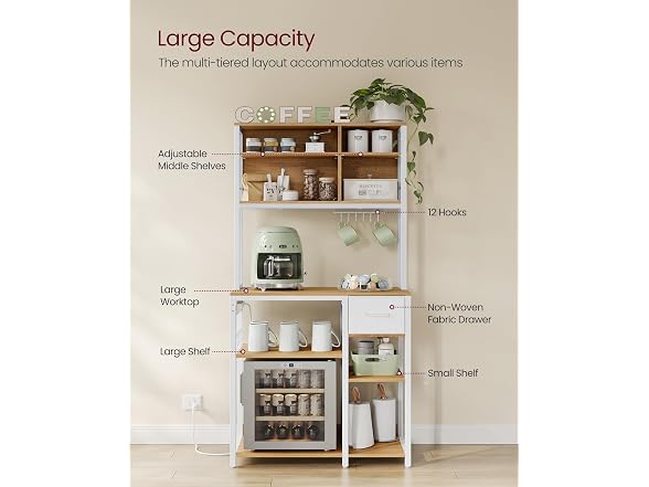 VASAGLE Bakers Rack with Charging Station, Coffee Bar, 12 Hooks