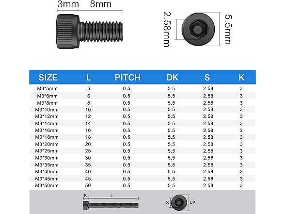 100pc M3 x 8mm Socket Head Cap Screws