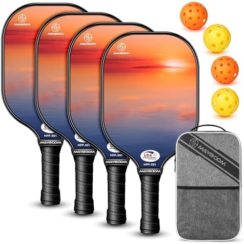 Mayboom Pickleball Paddles Set of 4, USAPA Approved Pickleball Set with 4 Pickleball Balls and Pickleball Bag, Fiberglass Pickle Ball Rackets 2 Pack for Beginner(Sunset 4)
