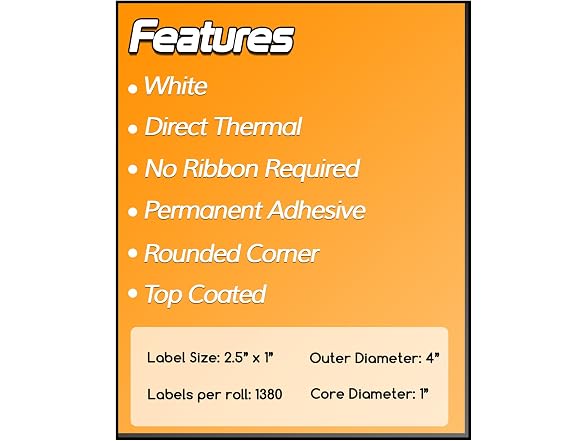 Direct Thermal Labels, 2.5" x 1", 1" Core, 13800 Labels, 10 Rolls