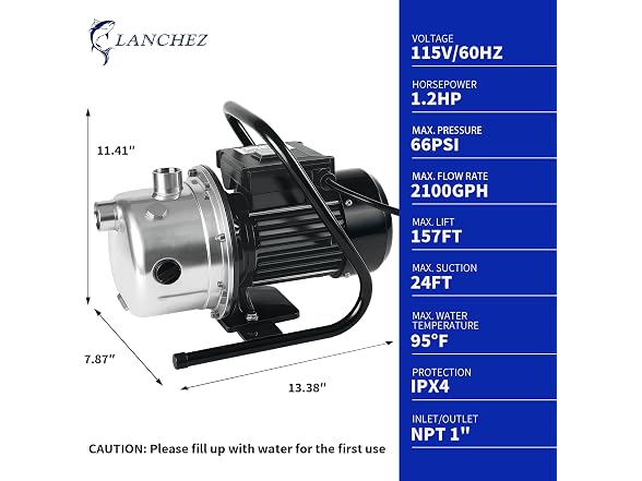 LANCHEZ 1.2 HP Shallow Well Pump, 2100 GPH Stainless Steel Garden Irrigation Pump, 115V Water Transfer Pump, Water Booster Jet Pump for Home Garden Lawn Farm, Black silver (Open Box)