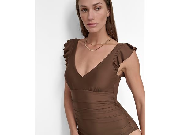 Dkny Women (XS) Ruffle Shoulder V-neck Swimsuit