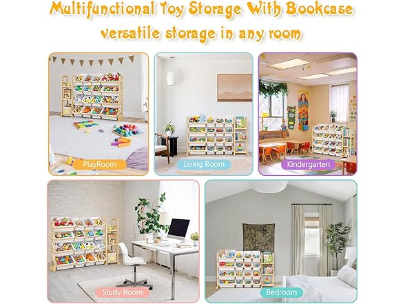 Etitlly Kids Toy Storage Organizer with Bookshelf – Wooden Shelf with 16 Bins & 3 Shelves, Quick Assembly Storage Rack for Playroom, Bedroom, Nursery - White (Open Box)