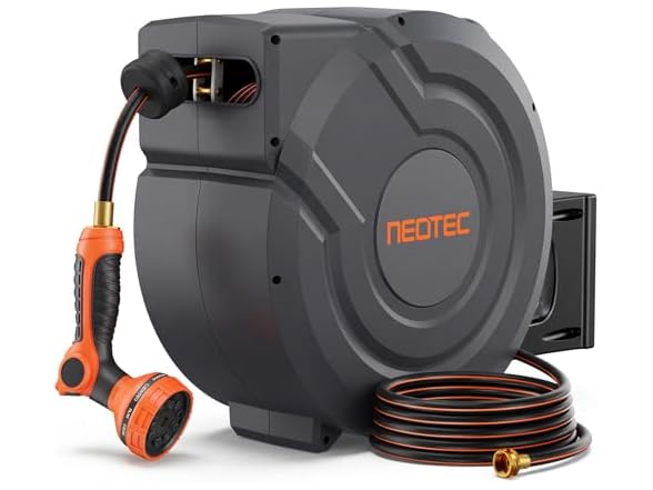 NEOTEC Retractable Garden Hose Reel 1/2 inch x 100ft, Heavy Duty Hose Reel 9-Pattern Nozzle, Auto Lock & Slow Return System, 180° Swivel Bracket (Open Box)
