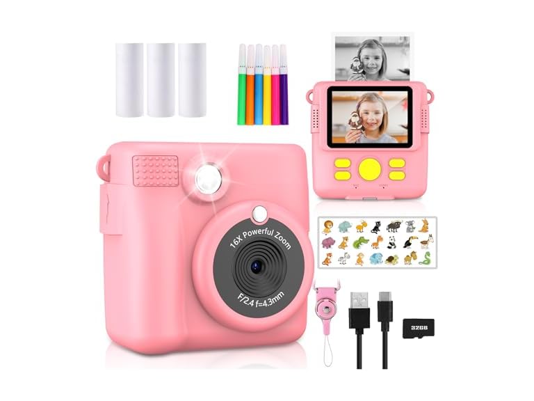 Instant Print Camera for Kids with 3 Rolls Photo Paper & 32GB Card