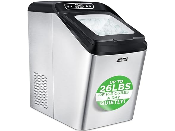 NutriChef Countertop Nugget Ice Maker Machine - Electric Nugget Ice Maker Countertop with Ice Scoop and Basket, Includes Rear-Mounted Hose Drainage, Compact, Convenient, and Incredibly Fast - NCICNUG