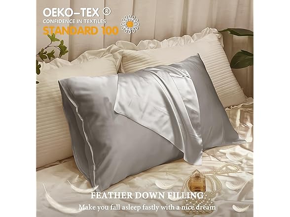 BHZ Grey Satin Goose Feather King Pillow
