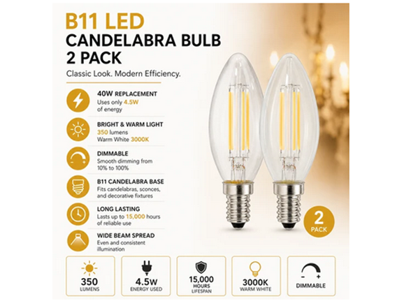 Globe 40 Watt B11 350 Lumen LED Candelabra Bulb 2 Pack - Gallery 2