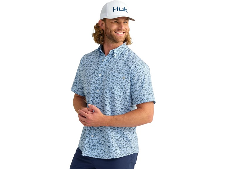 HUK Men's Standard Kona Pattern Short Sleeve Fishing Button Down Shirt, Marolina Blue