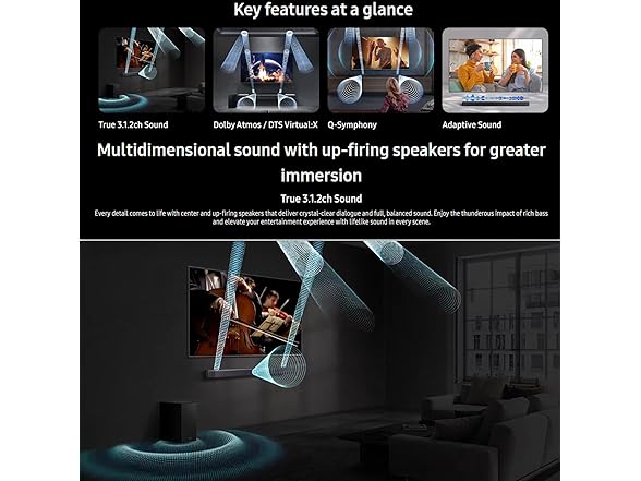 Samsung Q-Series Sound Bar for Smart tv, HW Q600F 3.1.2 ch Subwoofer (2025 Model) SpaceFit Sound Pro, Q-Symphony, Adaptive Sound (Open Box)