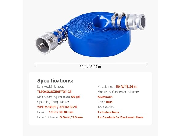 VEVOR Backwash Hose 1.5 in x 50 ft