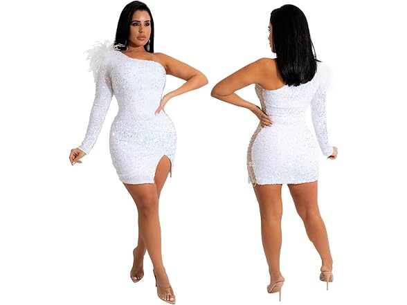 Acelyn Women Sexy One Shoulder Feather Long Dress