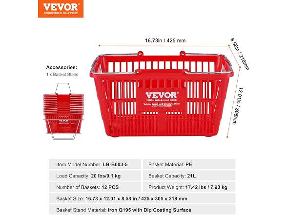 VEVOR Shopping Basket, Set of 12, 21L