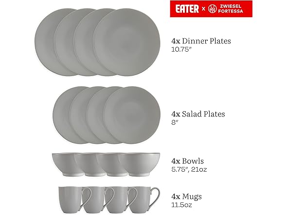 Eater x Zwiesel Fortessa Tempus Stoneware, 16 Piece Smoke