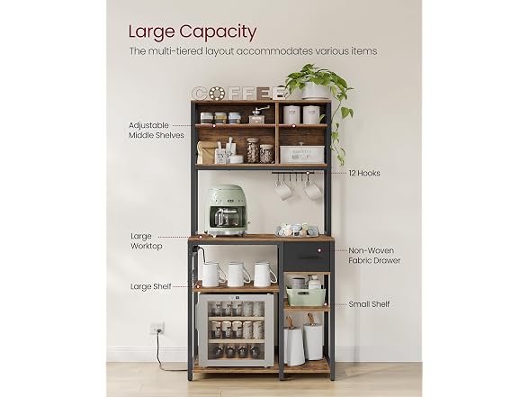 VASAGLE Bakers Rack with Charging Station, Coffee Bar