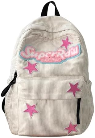Cute Backpack for Women Star Y2K Kawaii Aesthetic Fluffy Corduroy Dayback Bag (White)
