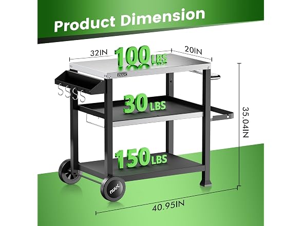 NUUK 3-Shelf Rolling Outdoor 20" x 32" Movable Grill Cart