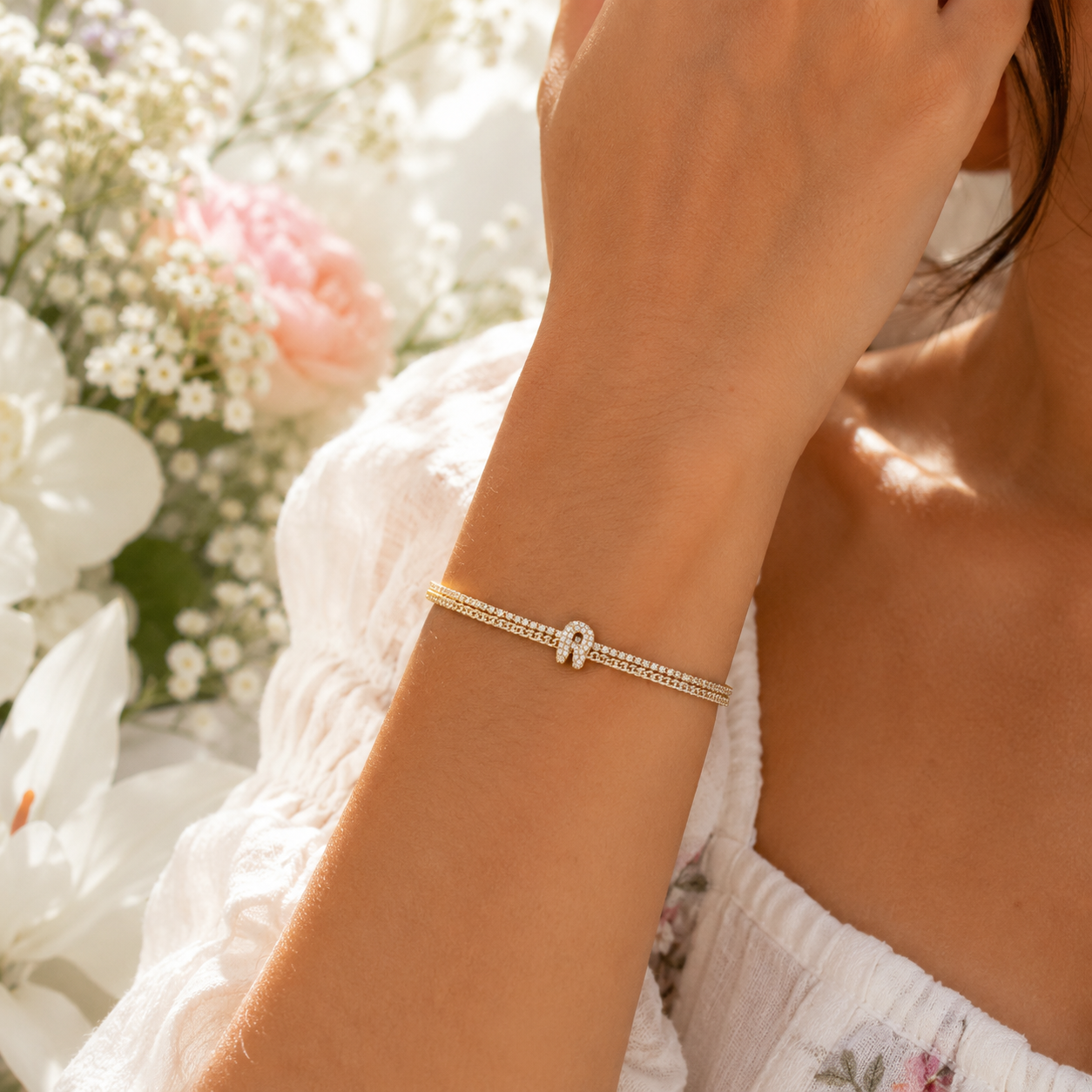 18K Gold Initial Tennis Cuban Bracelet - Gallery 15