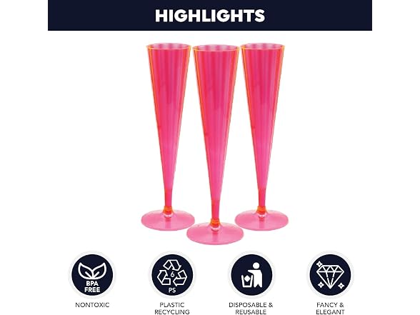 40Count Hard Plastic Twopiece 5 oz Champagne Flutes, Neon Pink