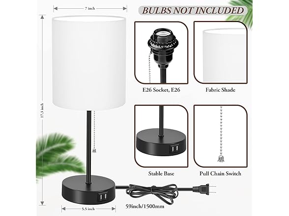 Bosceos Table Lamps with White Shades and USB Charging Ports, 2PK