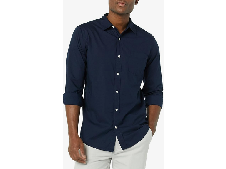 Amazon Essentials Men's Long-Sleeve Slim-Fit Stretch Poplin Shirt, Navy, X-Large