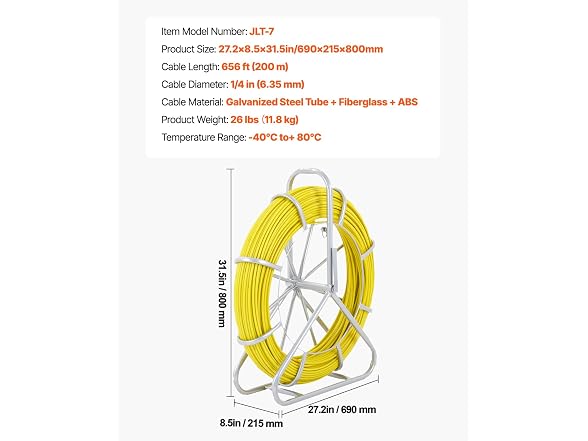 Fish Tape Fiberglass, 656 ft, 1/4 inch, Duct