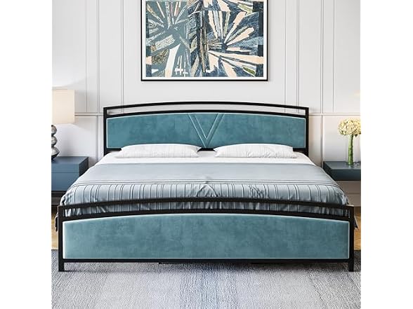 GAOMON King Velvet Bed, Arc Design, Blue