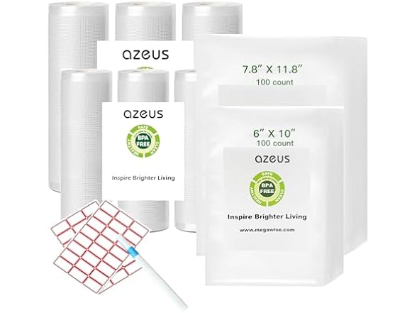 AZEUS Food Storage Bags Variety Kit: 200 Bags & 6 Rolls