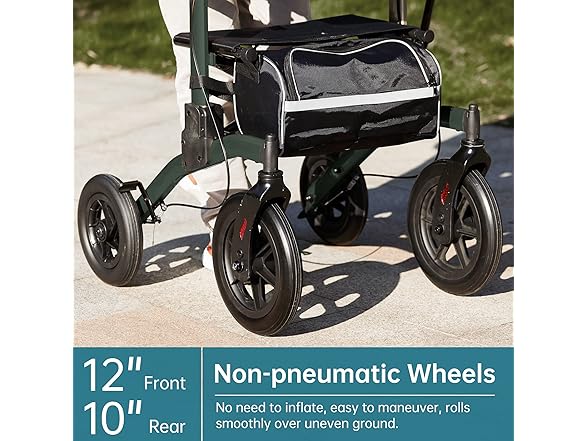 ELENKER All-Terrain Upright Rollator Walker, Stand up Rolling Walker with Seat, 12” Non-Pneumatic Tire Wheels, Compact Folding Design for Seniors, Green (Open Box)
