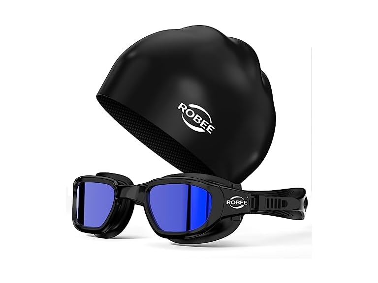 Robee Swim Goggles Silicone Swimming Cap and Carrying Case, Polarized Pool Goggles for Adult Men Women Youth