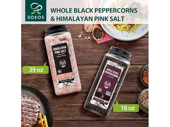 Soeos Himalayan Pink Salt 39 oz + Whole Black Pepper 18 oz
