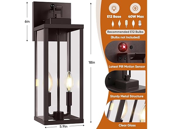 2Pk 18" Motion Sensor Outdoor Wall Lights