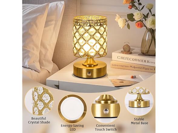 TOBUSA Gold Crystal Rechargeable Cordless Table Lamp