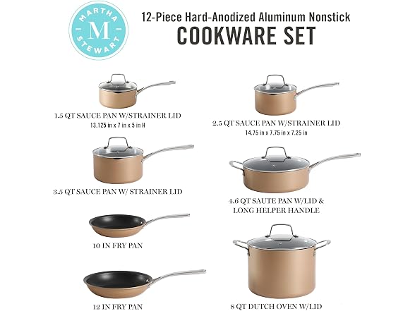 Martha Stewart 12 Piece Cookware Set Copper w/Black Interior