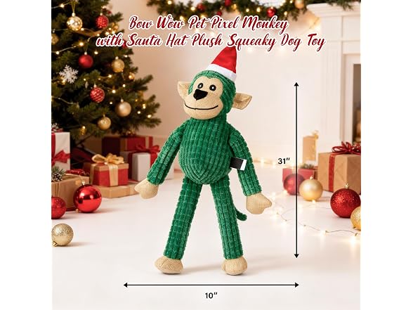 Bow Wow Pet Pixel Monkey with Santa Hat Plush Squeaky Toy