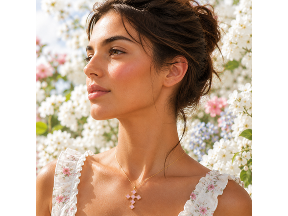 Gold Plated Pink Clover Cross Pendant
