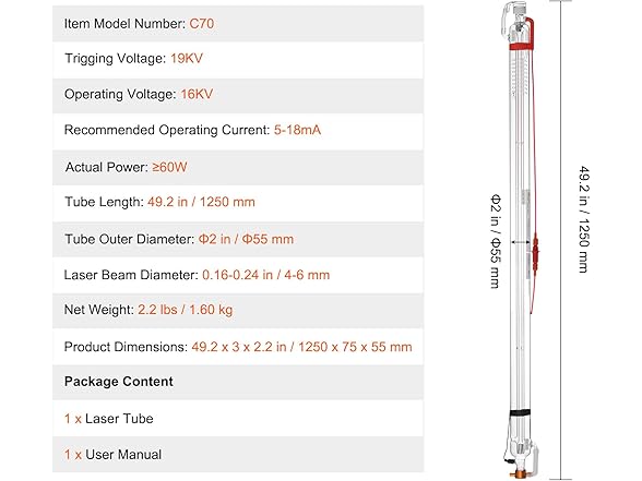 VEVOR 60W CO2 Laser Tube