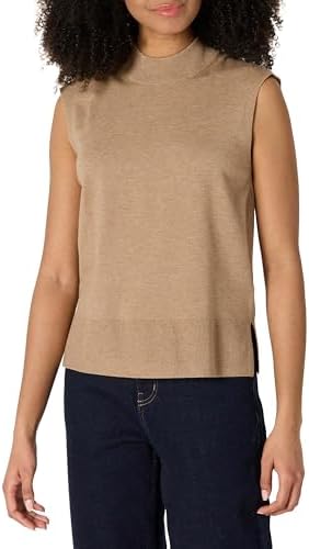 Amazon Essentials Women's Regular-Fit Cap Sleeve Pullover Mock Neck Sweater Top, Camel Heather, Small