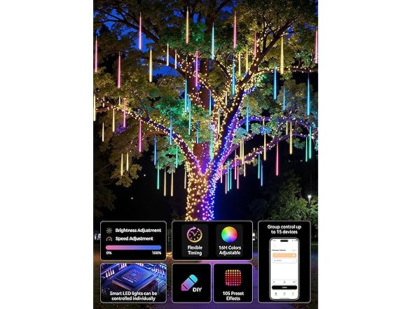 Brightown Smart Meteor Shower Lights Outdoor, 16Tube 256LED 24.6ft