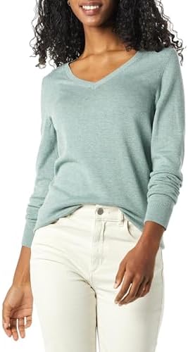 Amazon Essentials Women's Regular-Fit Lightweight Long-Sleeve V-Neck Sweater (Available in Plus Size), Sage Green Heather, Small