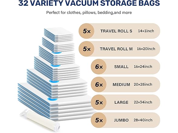 YSSOA Vacuum Storage Bags, 32Pk Combo