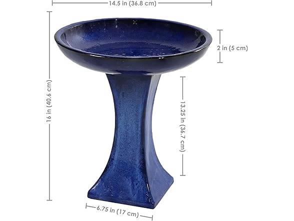 Sunnydaze Ceramic Bird Bath 16" H Blue Glaze Finish