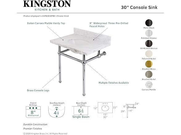 Kingston Brass Vanity Top, Carrara Marble White/Polished Nickel