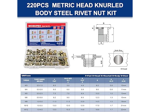 WORKPRO 220pc Metric Rivet Nuts