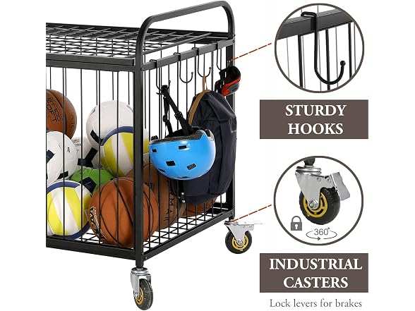 MyGift Large Capacity Metal Rolling Multi Sports Ball Cage Storage Hopper