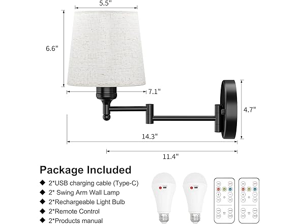 Frideko Swing Arm Rechargeable Wall Sconces Set