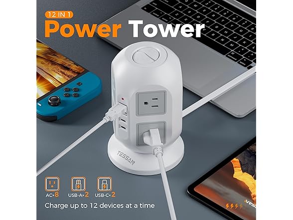 TESSAN 10ft Cord Power Tower (8 Outlets, 2 USB-C, 2 USB-A)