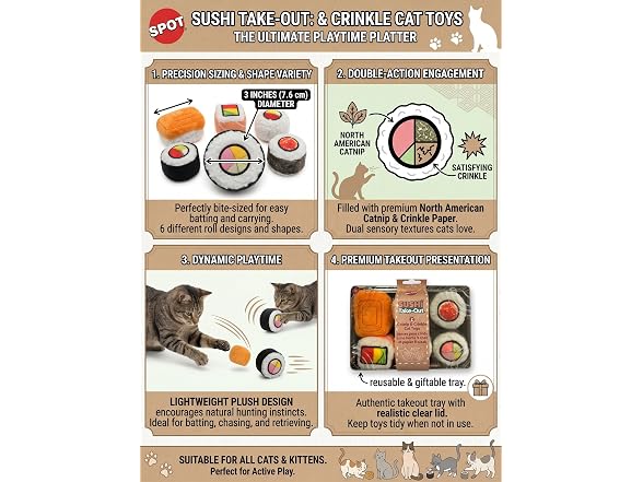 SPOT Sushi Roll Take-Out Cat Toys, Catnip
