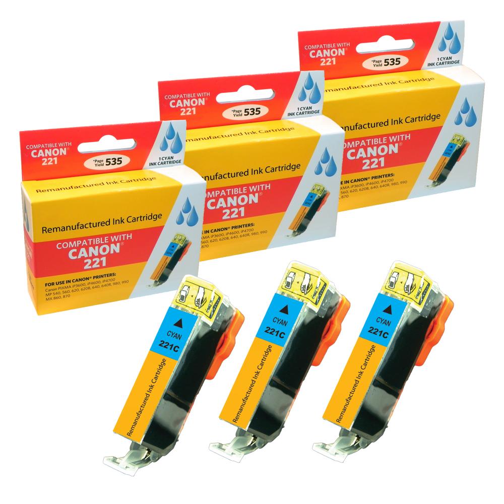 Compatible Canon CLI-221 Cyan Ink Cartridge Combo Pack. (3 Pack) - Gallery 2